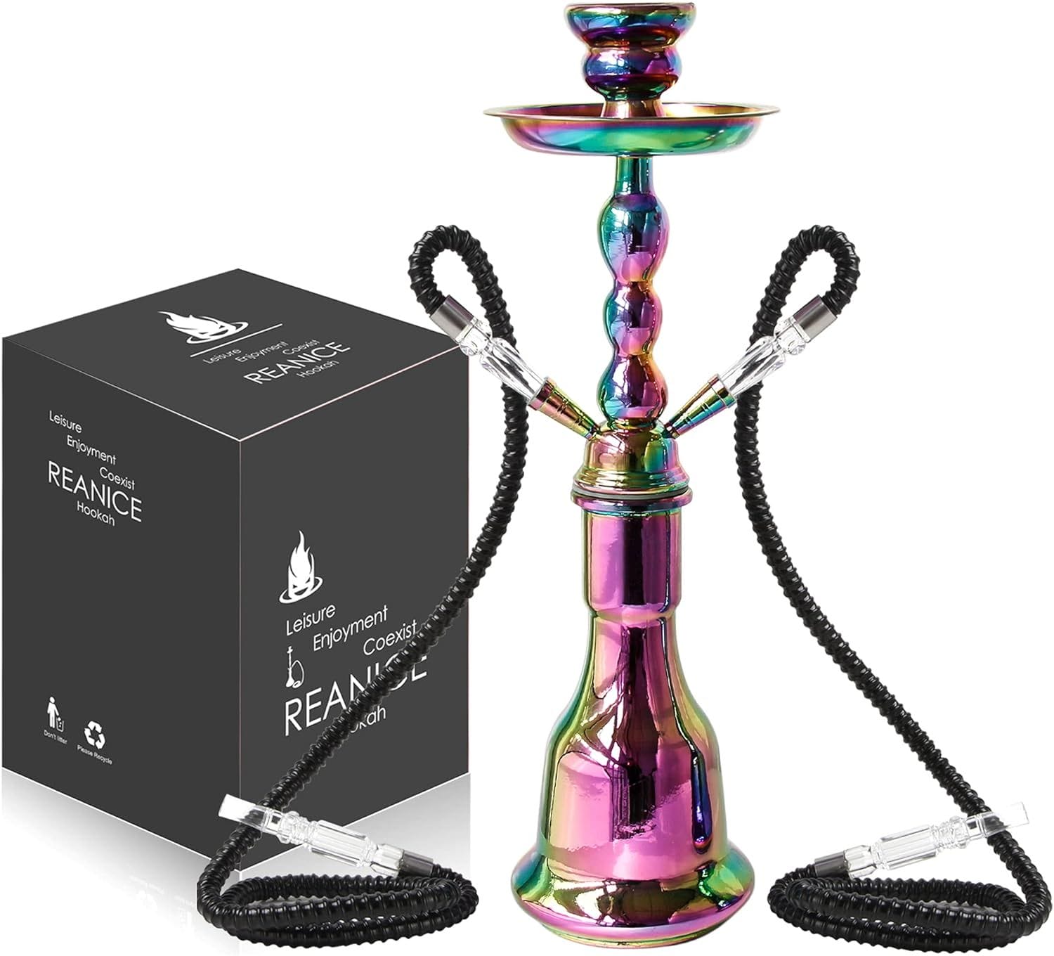 REAMIC 17.7" Hookah Set with 2 Hose Glass Hookah Kit with Shisha Accessories