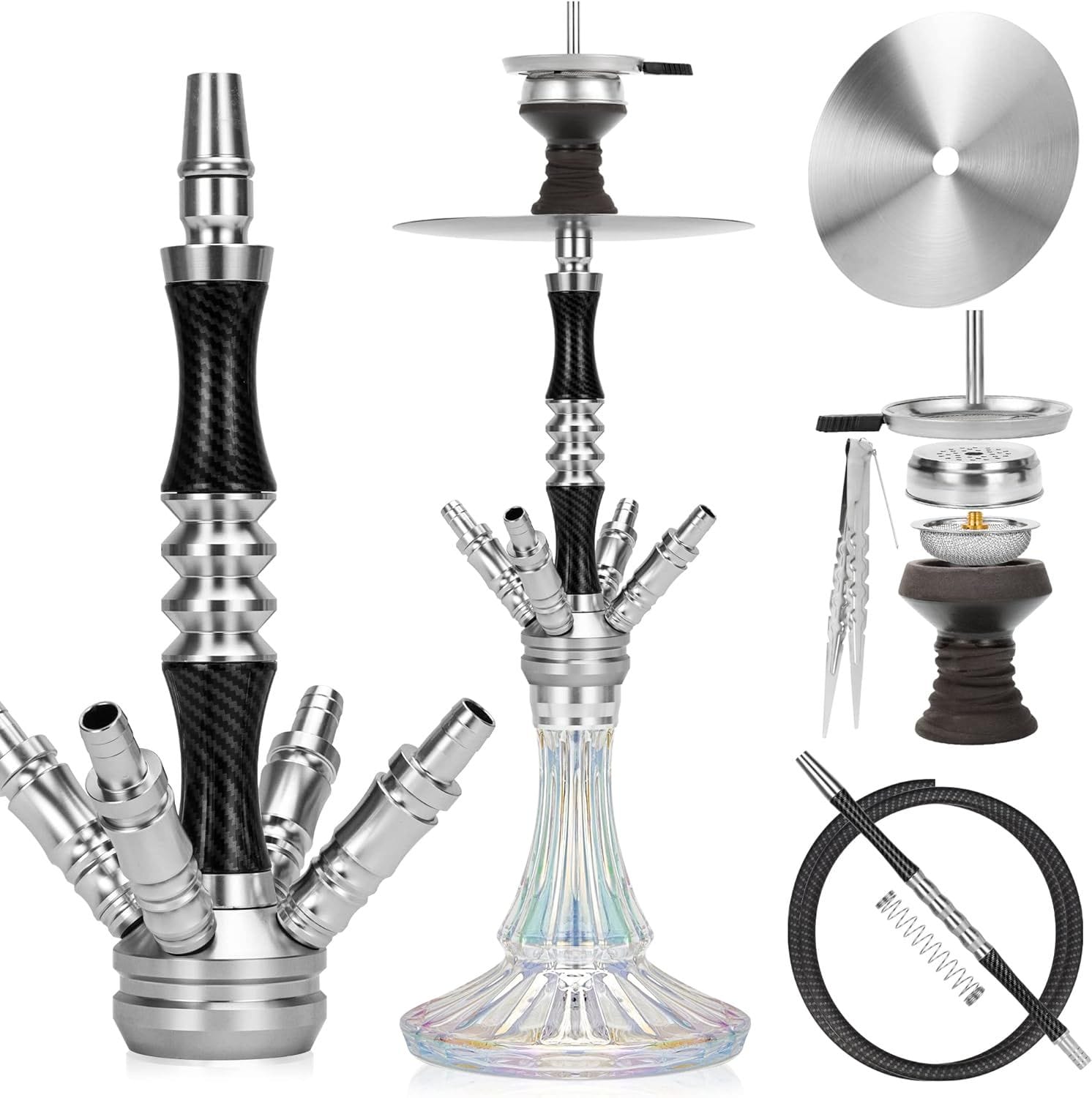 REAMIC Premium Set Shisha Carbon Fiber Pattern Four Hole Hookah Portable Glass 4 Connectors